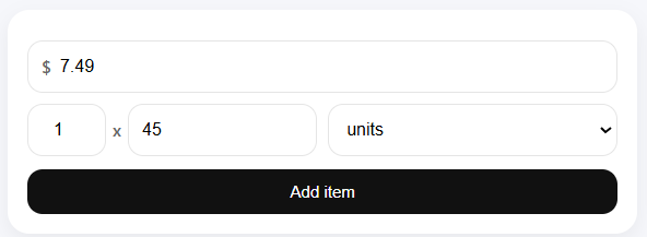 All-in-one calculator input showing dishwasher gel with a price of 7.49 and a quantity of 45 units.