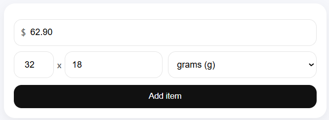 Weight unit price calculator input showing a price of 62.90, 32 servings, 18 grams, and the grams unit selected for a protein powder comparison.