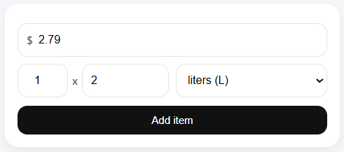 Volume calculator input showing a price of 2.79 with one 2-liter bottle entered as 1 x 2 liters.